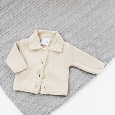 Beige Button Up Knit Cardigan With Collar