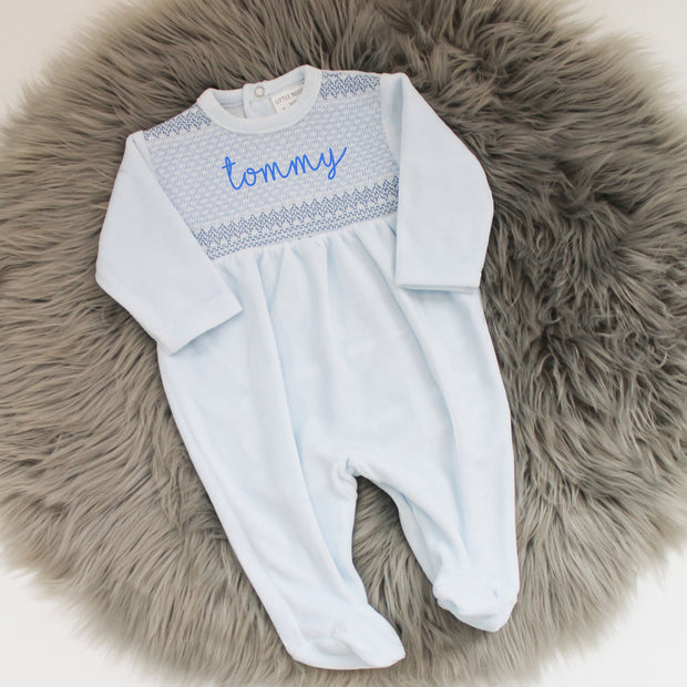 Blue Smocked Velour Sleepsuit (Can be Personalised)