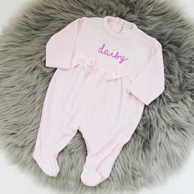 Pink Smocked Velour Sleepsuit (Can be Personalised)