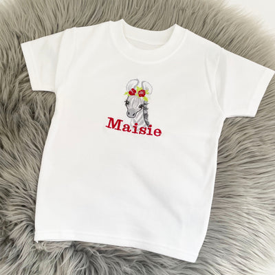 FLORAL Animal Personalised Embroidered T-Shirt - Matching Flowers & Writing Colour