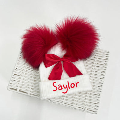 White & Red Bow Double Faux Fur Pom Hat (With or Without Personalisation)