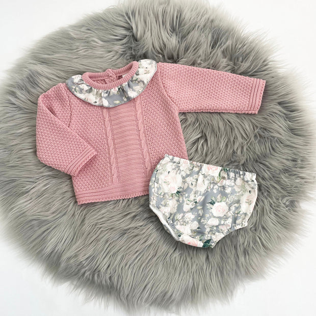 Pink Long Sleeved Knit Jumper & Floral Bloomers