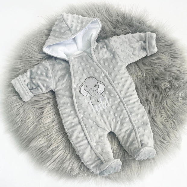 Grey Bubble Personalised Embroidered Pram Suit (Striped Hood Lining)- Various Animal Options