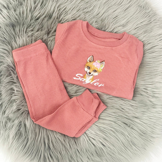 Floral Fox Embroidered Personalised Ribbed Loungeset (Various Colour Sets)