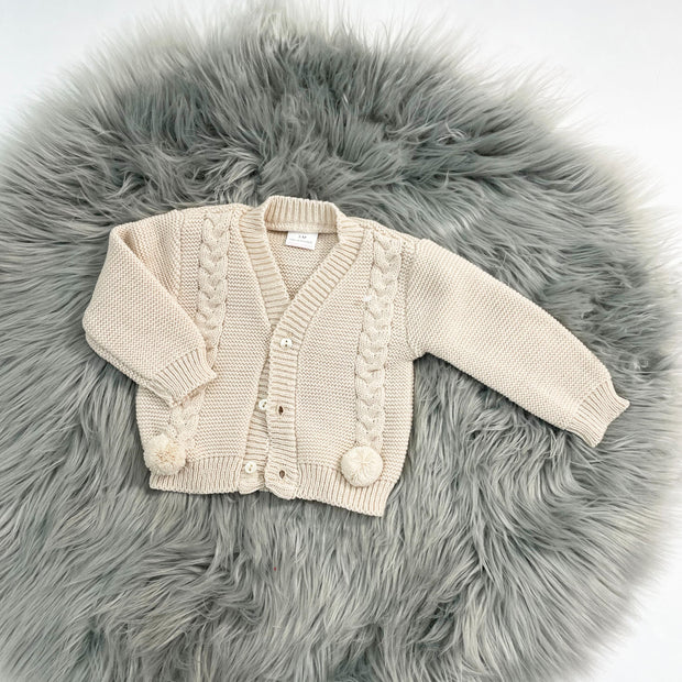Beige Cable Knit Pom Cardigan