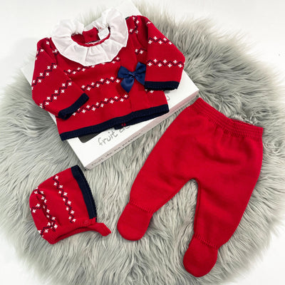 Red & Navy Blue Bow 3 Piece Knit Boxed Set