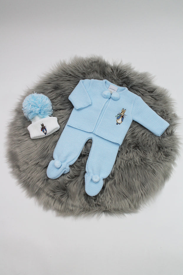 Blue Rabbit Embroidered Pom Pom Knitted Cardigan & Trousers Outfit