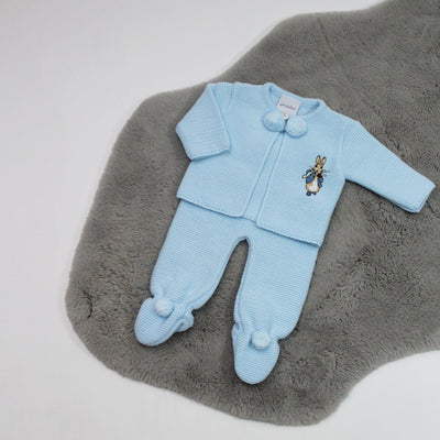 Blue Rabbit Embroidered Pom Pom Knitted Cardigan & Trousers Outfit