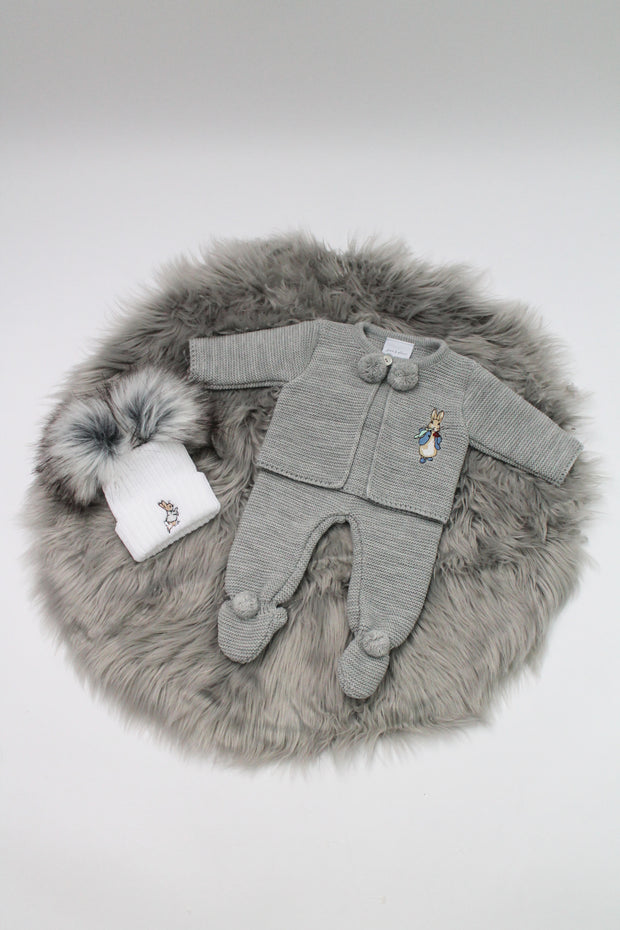 Grey Rabbit Embroidered Pom Pom Knitted Cardigan & Trousers Outfit