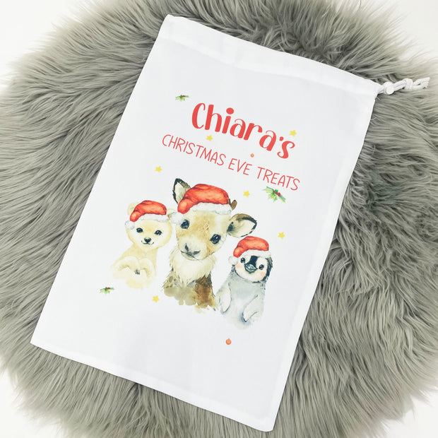 Christmas Eve Treat's Personalised Printed Sack (Polar Bear, Reindeer & Penguin)