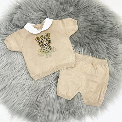 Beige Knit Animal Embroidered Personalised Top & Shorts - Various Animals