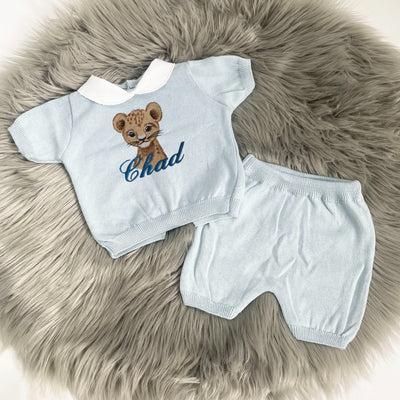 Blue Knit Animal Embroidered Personalised Top & Shorts - Various Animals