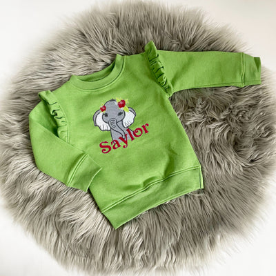 Emerald Green Animal Personalised Embroidered Frill Sleeve Jumper - Size Up Recommended