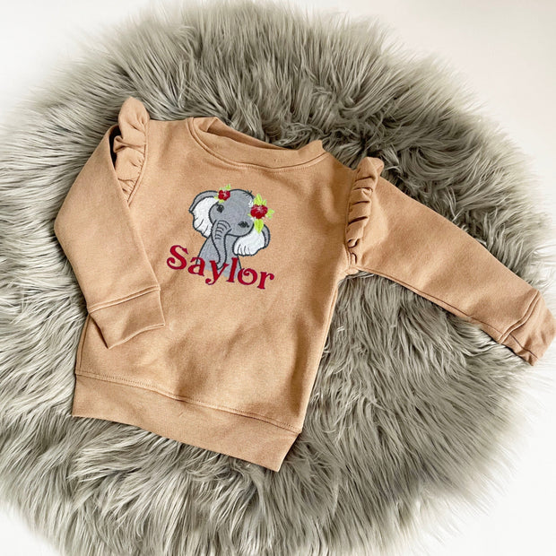Beige Animal Personalised Embroidered Frill Sleeve Jumper - Size Up Recommended