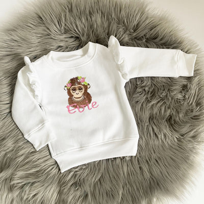 White Animal Personalised Embroidered Frill Sleeve Jumper - Size Up Recommended