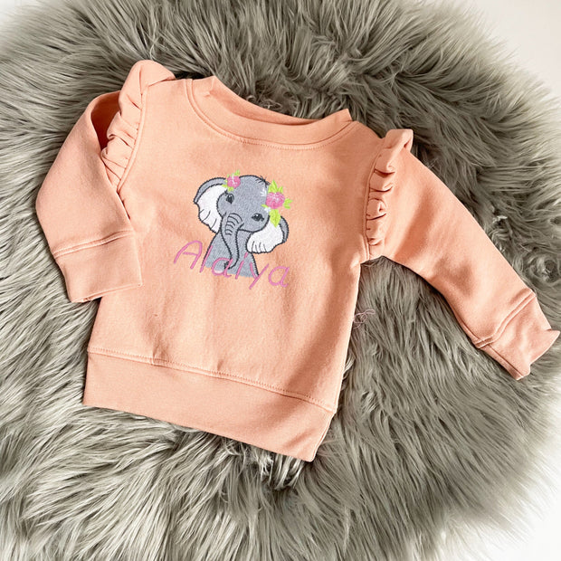 Peach Pink Animal Personalised Embroidered Frill Sleeve Jumper - Size Up Recommended