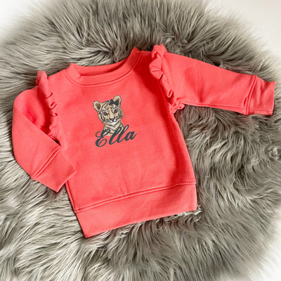Deep Coral Animal Personalised Embroidered Frill Sleeve Jumper - Size Up Recommended