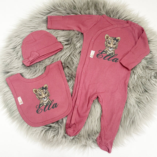 Animal Embroidered Ribbed Sleepsuit, Hat & Bib Set - Dusky Pink