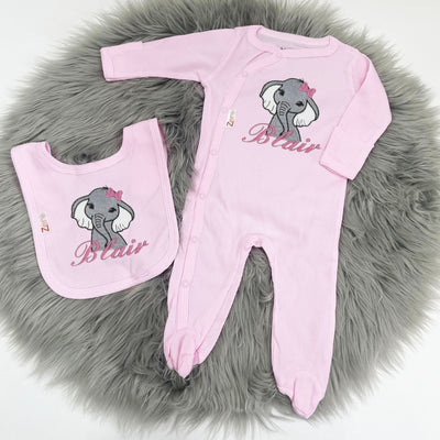 Animal Embroidered Ribbed Sleepsuit Hat & Bib Set - Baby Pink