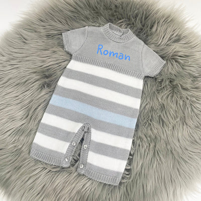 Grey, Blue & White Striped Knit Romper (With or Without Personalisation)