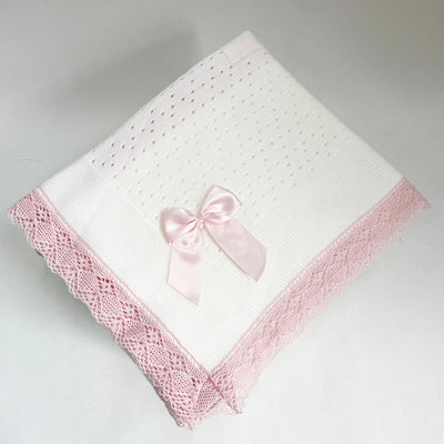 White & Pink Trim Knit Bow Shawl