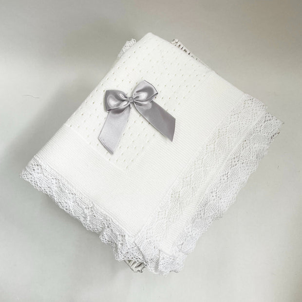 White & Grey Trim Knit Bow Shawl