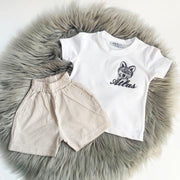 T-shirt & Beige Pinstripe Shorts Set (Can be personalised)