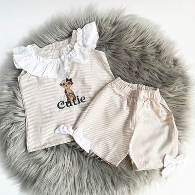 Beige Pinstripe Ruffle Co-ord Set (Can be personalised)