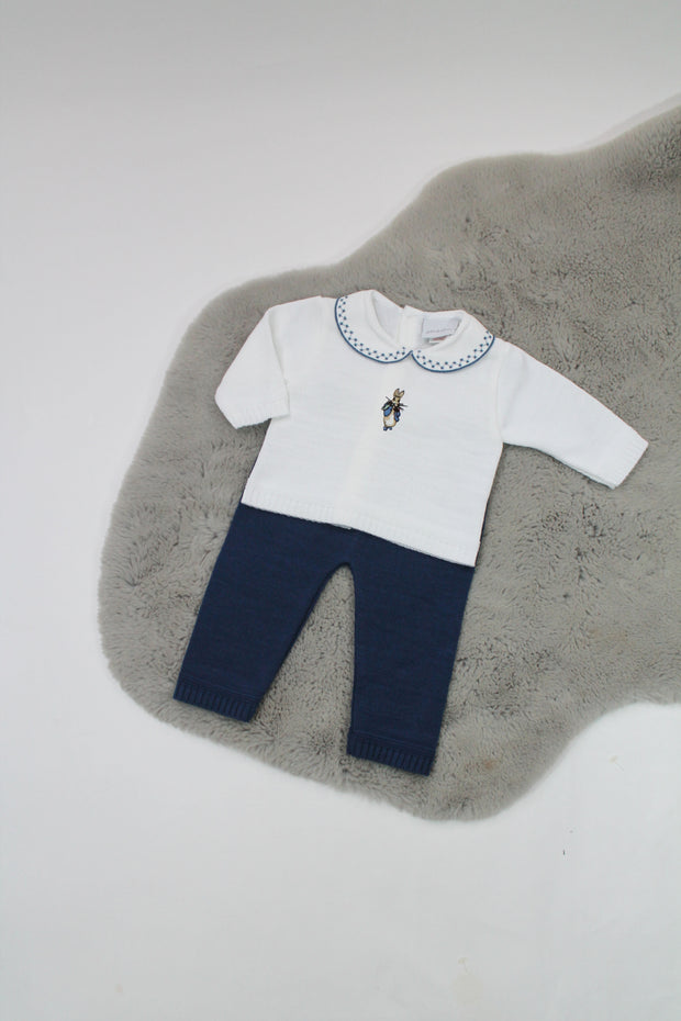 Rabbit Embroidered White Jumper & Navy Blue Trousers Knitted Outfit