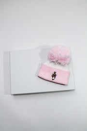 Pink & White Striped Rabbit Embroidered Pom Pom Hat
