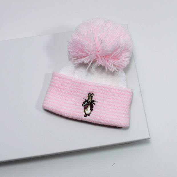 Pink & White Striped Rabbit Embroidered Pom Pom Hat