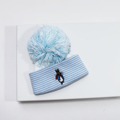 Blue & White Striped Rabbit Embroidered Pom Pom Hat