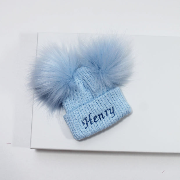 Blue Double Faux Fur Pom Hat (With or Without Personalisation)