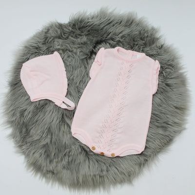 Pink Knitted Romper & Bonnet Set