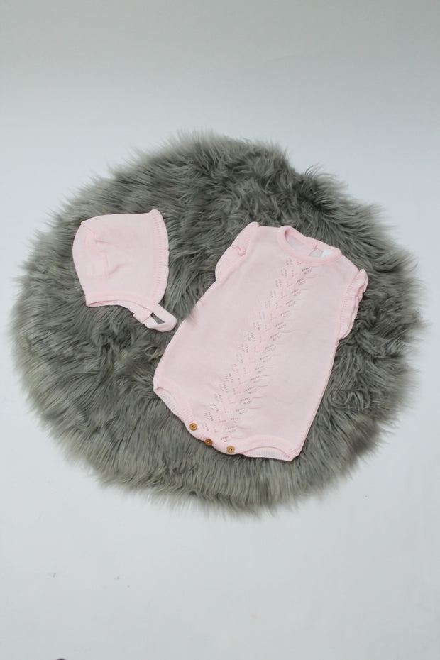 Pink Knitted Romper & Bonnet Set
