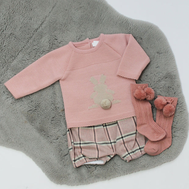 Dusky Pink Bunny Detail Jumper & Tartan Shorts Outfit