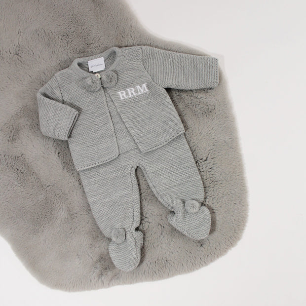 Grey Pom Pom Knitted Outfit (With or Without Initials)