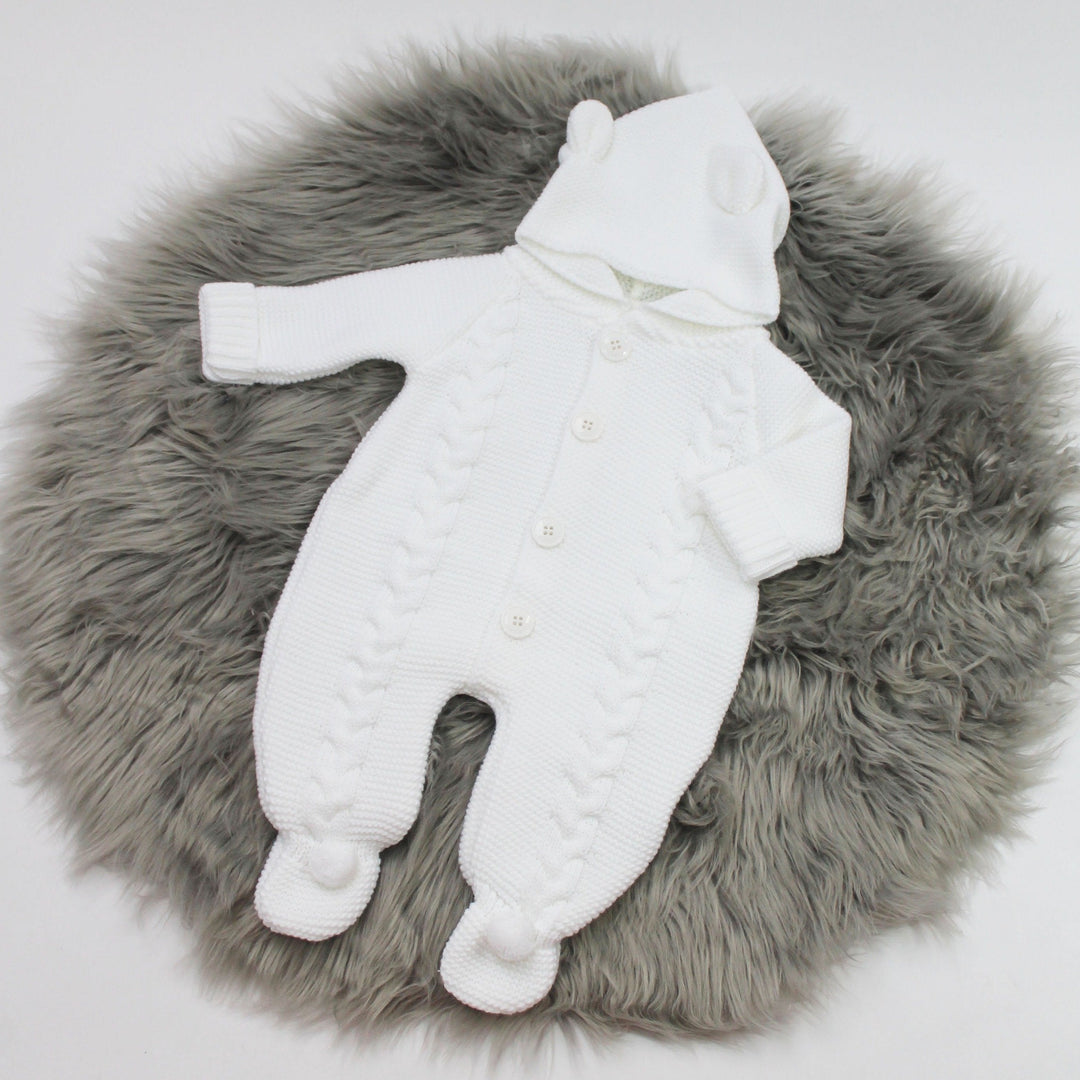 White Knitted Teddy Bear Pram Suit