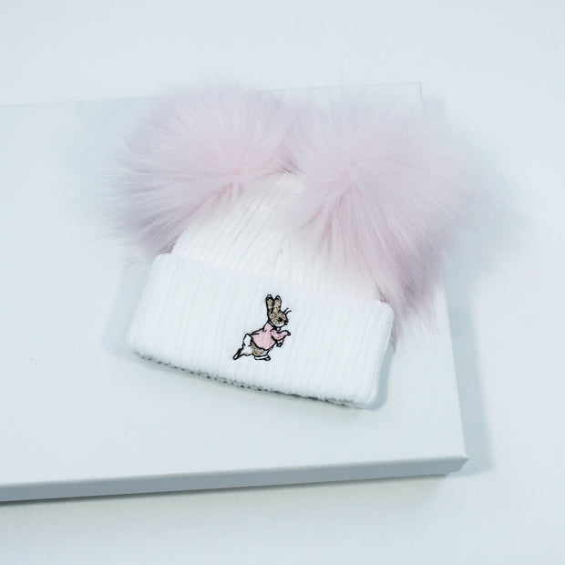 Rabbit Embroidered Double Pink Pom Hat