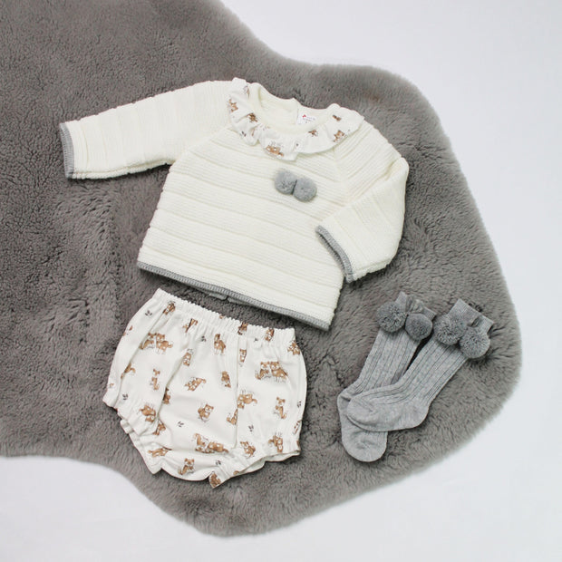 White Knitted Jumper & Woodland Theme Pants Outfit