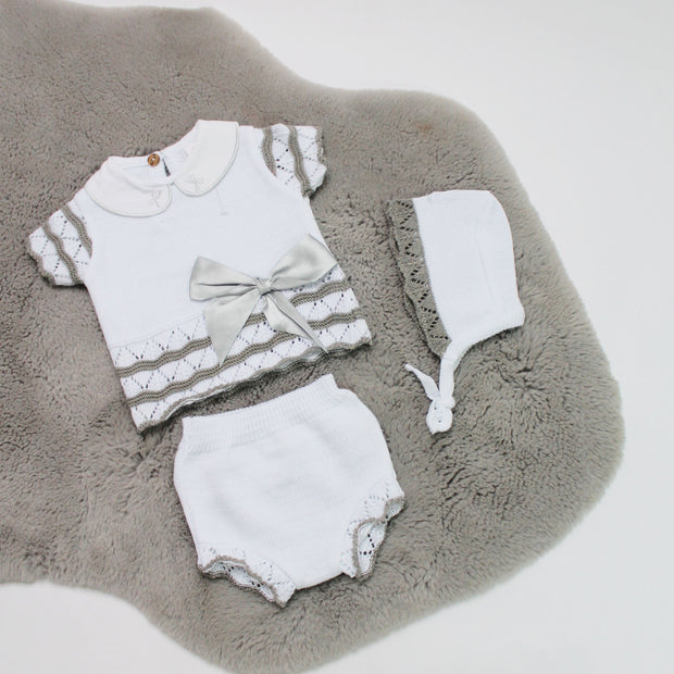 White & Grey Bows 3 Piece Outfit With Bonnet