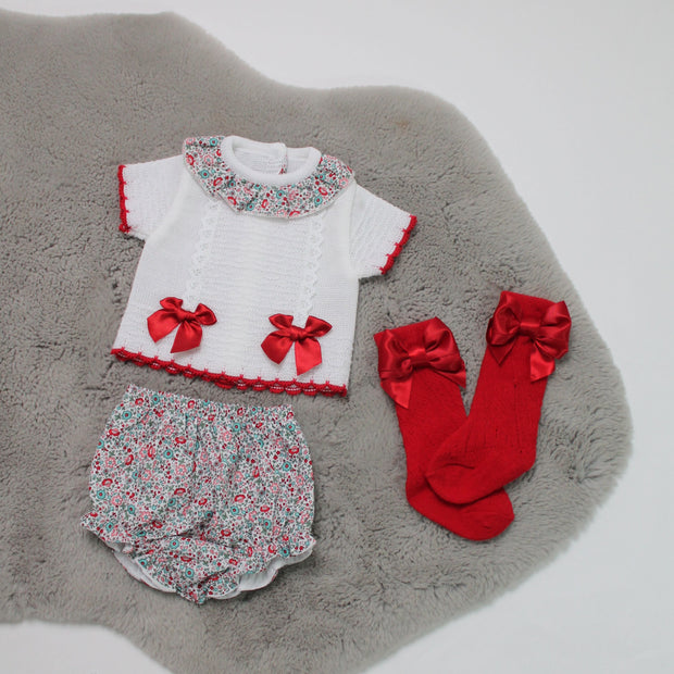 Red & White Floral Knit Top & Bloomers