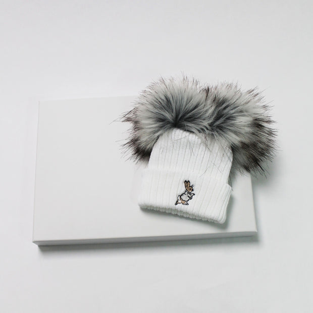 Rabbit Embroidered Double Grey Pom Hat