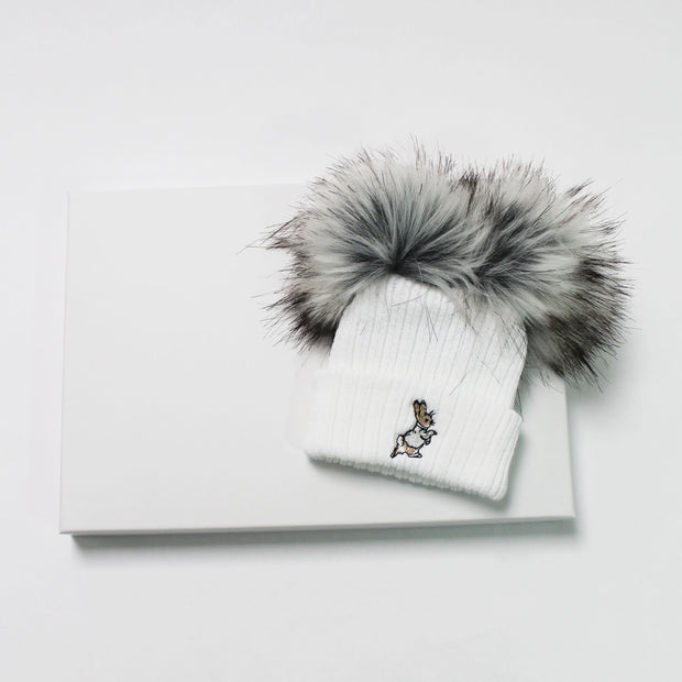 Rabbit Embroidered Double Grey Pom Hat