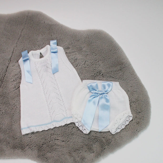 White & Blue Knit Dress & Pants Set