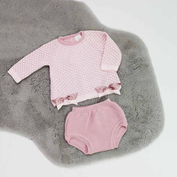 Pink Bow Detail Knitted Jumper & Pants Set