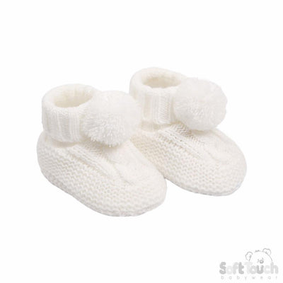 Elegance Cable and Pom Booties - White