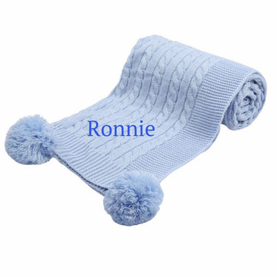Personalised Embroidered Blue Elegance Cable Knit Pom Blanket