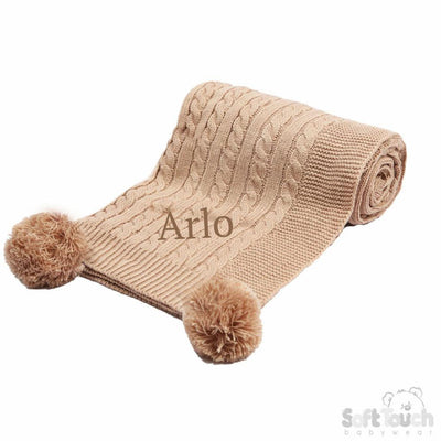 Personalised Embroidered Beige Elegance Cable Knit Pom Blanket