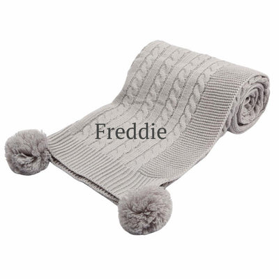 Personalised Embroidered Grey Elegance Cable Knit Pom Blanket